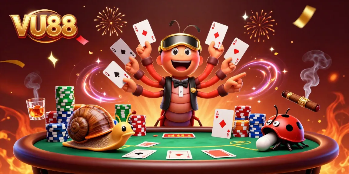 Experience the thrill of VU88 with a lively cartoon casino scene featuring a unique dealer and chip stacks.