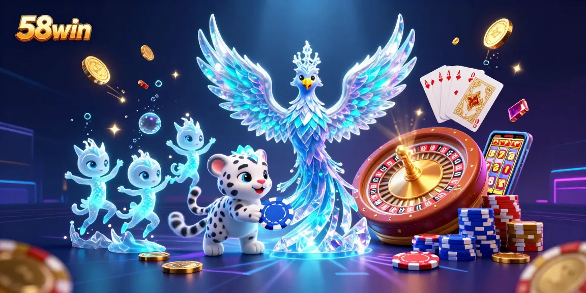 Experience excitement at 58win with a group of characters celebrating amidst dynamic casino elements.