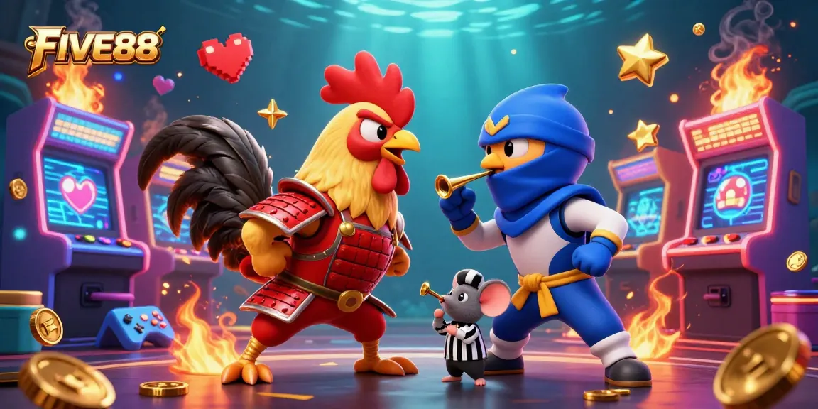 FIVE88 showcases a thrilling showdown between roosters in an electrifying casino-themed illustration.