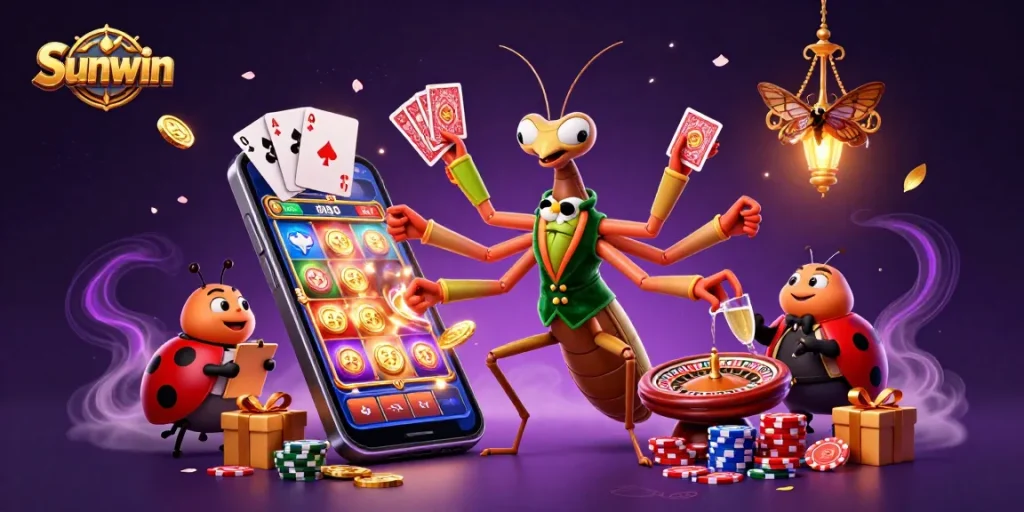 Experience the excitement of gambling with Sunwin's vibrant gaming illustration featuring dynamic 3D characters.