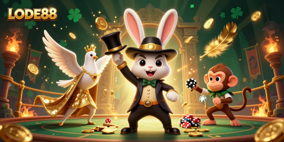 Experience LODE88 with a magical scene of a rabbit, monkey, and dove in a vibrant casino atmosphere.