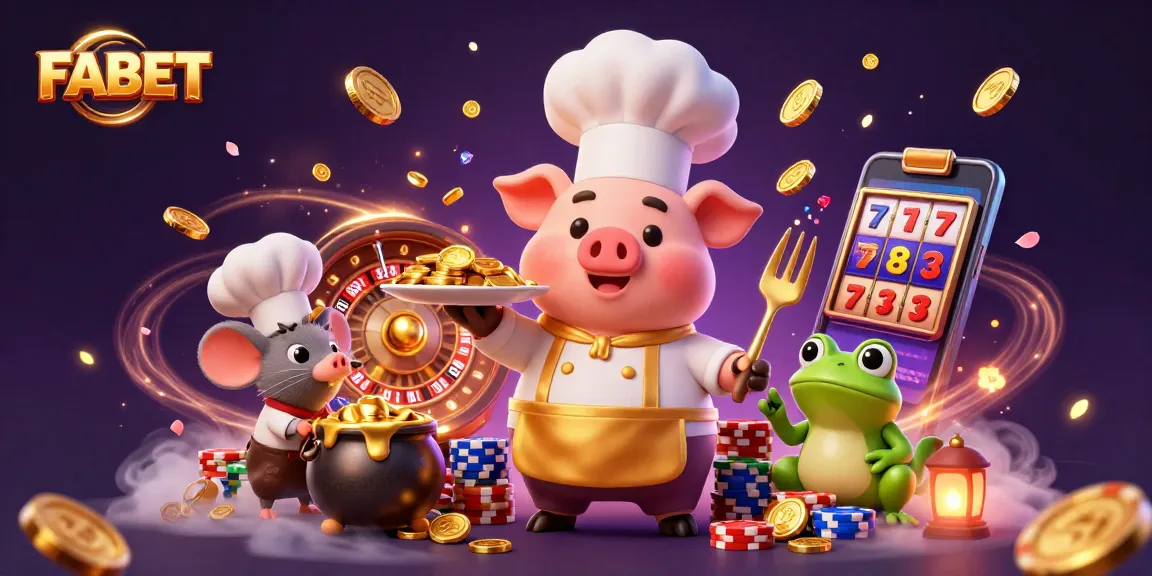 Experience FABET's exciting winnings with a chef pig showcasing gold coins in a vibrant casino scene.