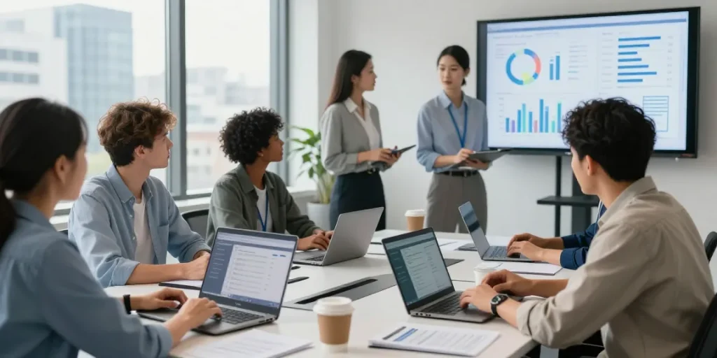 Team collaborating on IT support in business with laptops and analytics in a modern office environment.