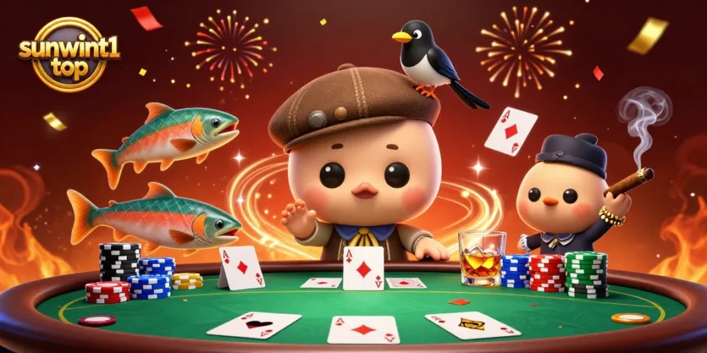 Experience winning at sunwint1 top with vibrant 3D casino characters, poker elements, and celebratory effects.