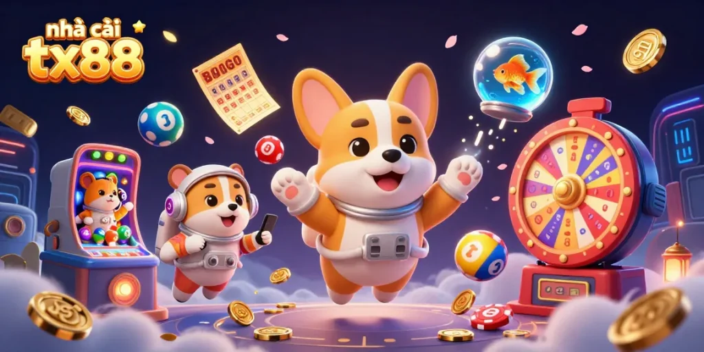 Experience the thrilling casino adventure at nhà cái tx88 with a 3D illustration of dynamic characters and vibrant games.