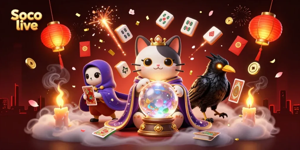 Experience excitement and fortune with Soco live's vivid gaming scene featuring mystical characters and celebratory elements.