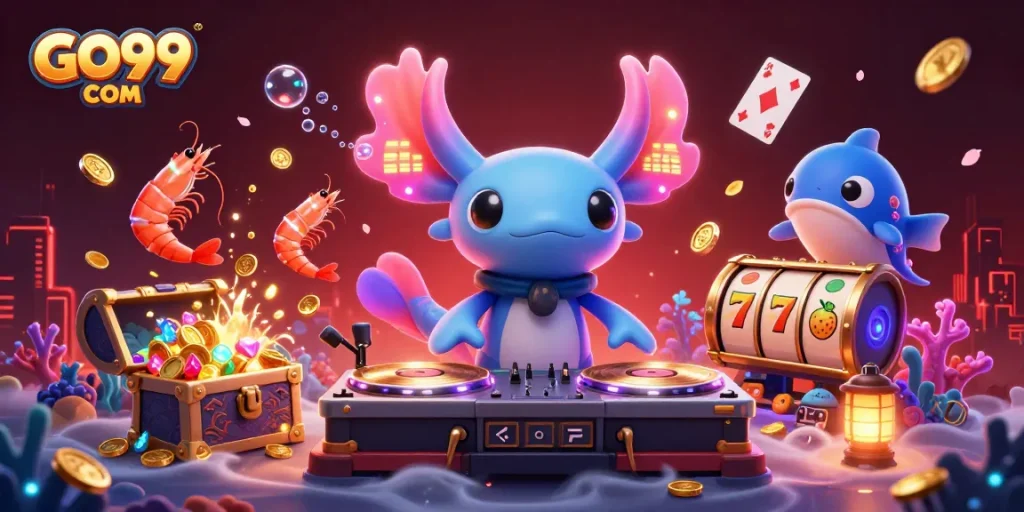 Engage with GO99 COM's vibrant underwater casino scene featuring dynamic characters and thrilling game elements.