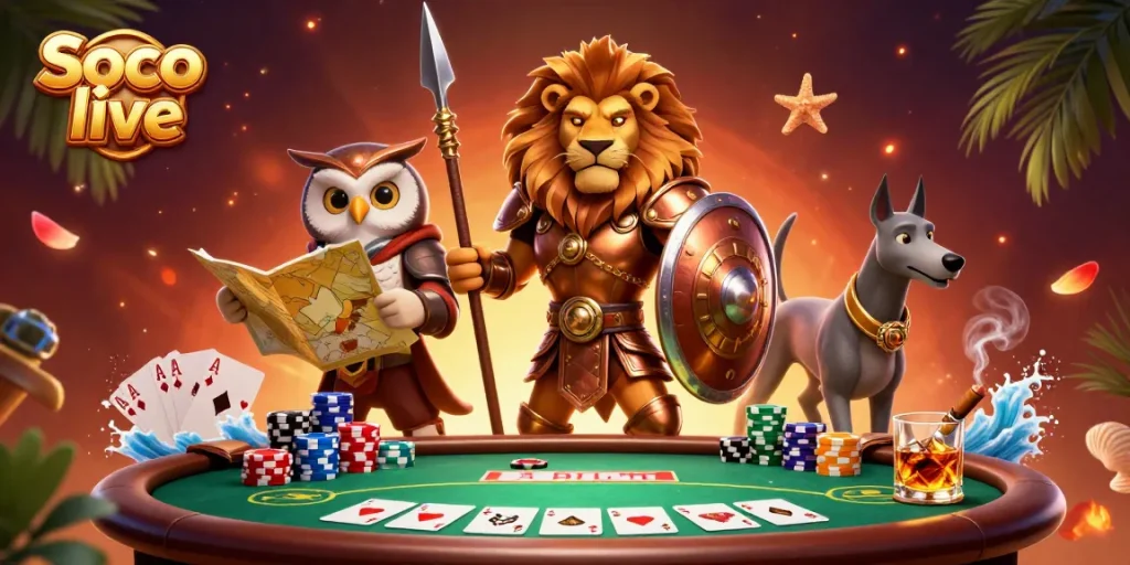 Soco live delivers a seamless poker experience with an elegant setup featuring strategic characters.