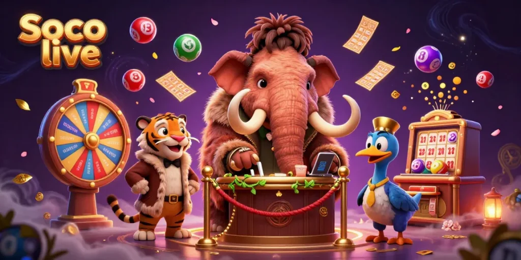 Engage in thrilling action at Soco live with a woolly mammoth bouncer and colorful lottery elements.