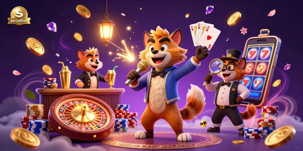Socolive brings a lively atmosphere with hyenas running a comedy casino, featuring vibrant gaming elements.