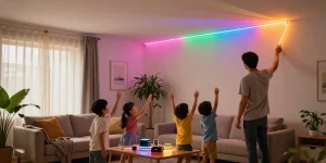 Banda LED flexibile folosite în livingul unei familii pentru iluminat ambiental.